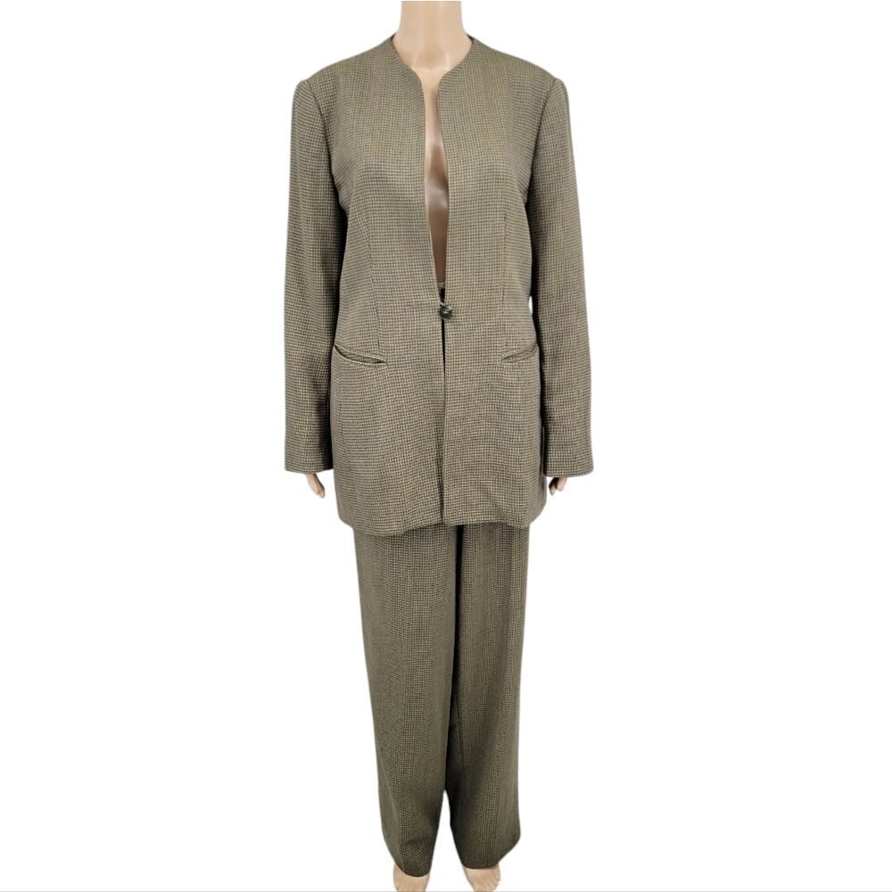 Carlisle Vintage Green Houndstooth Wool Longline Blazer Pants Suit Matching Set